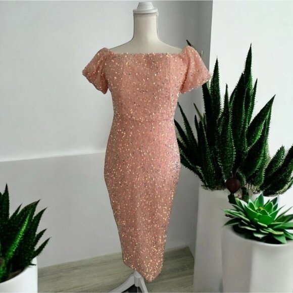 MISS ORD Peach Sequin MIDI Cocktail Dress Size XL - Picture 1 of 12